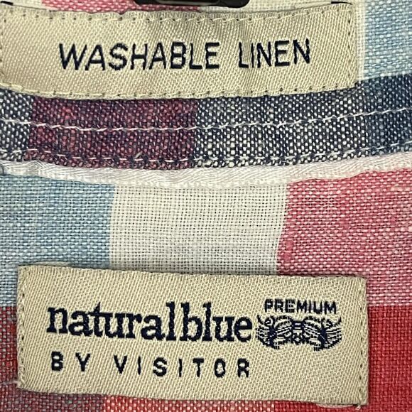 Natural Blue By Visitor Shirt Mens XL Red Blue Check Button Up 100% Linen - Picture 2 of 12